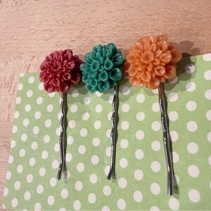 Handmade Cottagecore Floral Bobby Pin Set – Rust, Evergreen & Marigold Trio